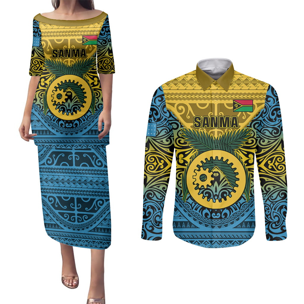 Vanuatu Sanma Province Couples Matching Puletasi Dress and Long Sleeve Button Shirts Coat Of Arms And Namele Fern Polynesian Pattern LT05 Yellow - Polynesian Pride
