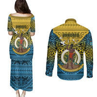 Vanuatu Sanma Province Couples Matching Puletasi Dress and Long Sleeve Button Shirts Coat Of Arms And Namele Fern Polynesian Pattern LT05 - Polynesian Pride