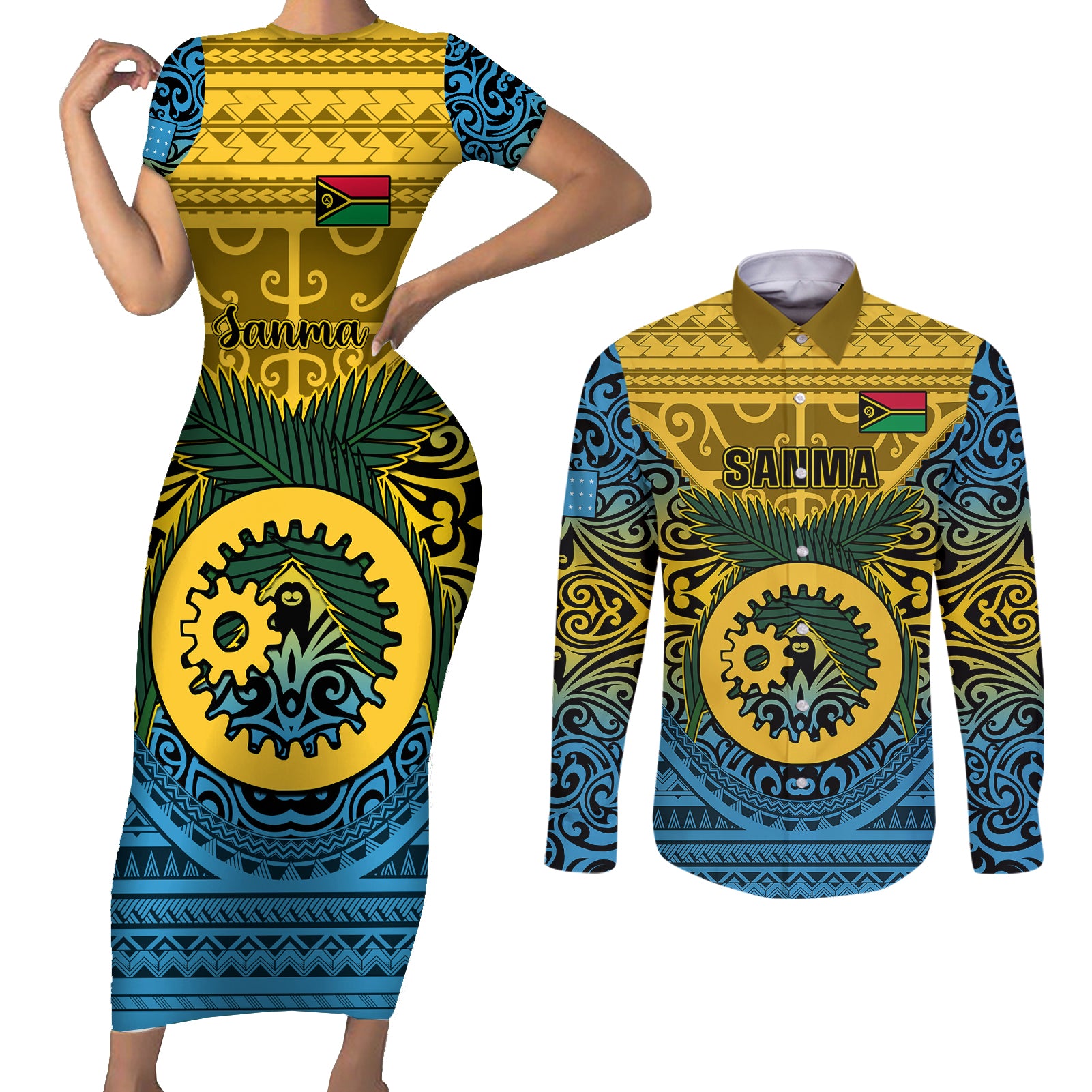 Vanuatu Sanma Province Couples Matching Short Sleeve Bodycon Dress and Long Sleeve Button Shirts Coat Of Arms And Namele Fern Polynesian Pattern LT05 Yellow - Polynesian Pride