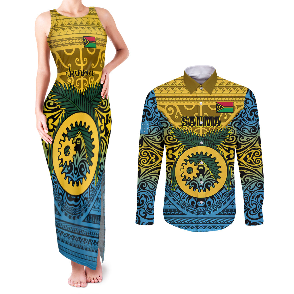 Vanuatu Sanma Province Couples Matching Tank Maxi Dress and Long Sleeve Button Shirts Coat Of Arms And Namele Fern Polynesian Pattern LT05 Yellow - Polynesian Pride
