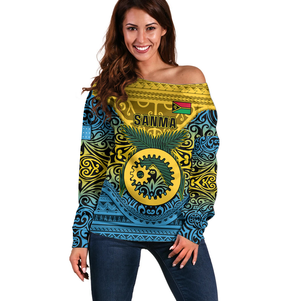 Vanuatu Sanma Province Off Shoulder Sweater Coat Of Arms And Namele Fern Polynesian Pattern LT05 Women Yellow - Polynesian Pride