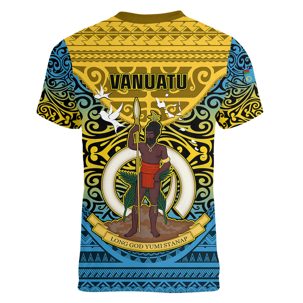 Vanuatu Sanma Province Women V Neck T Shirt Coat Of Arms And Namele Fern Polynesian Pattern LT05 - Polynesian Pride