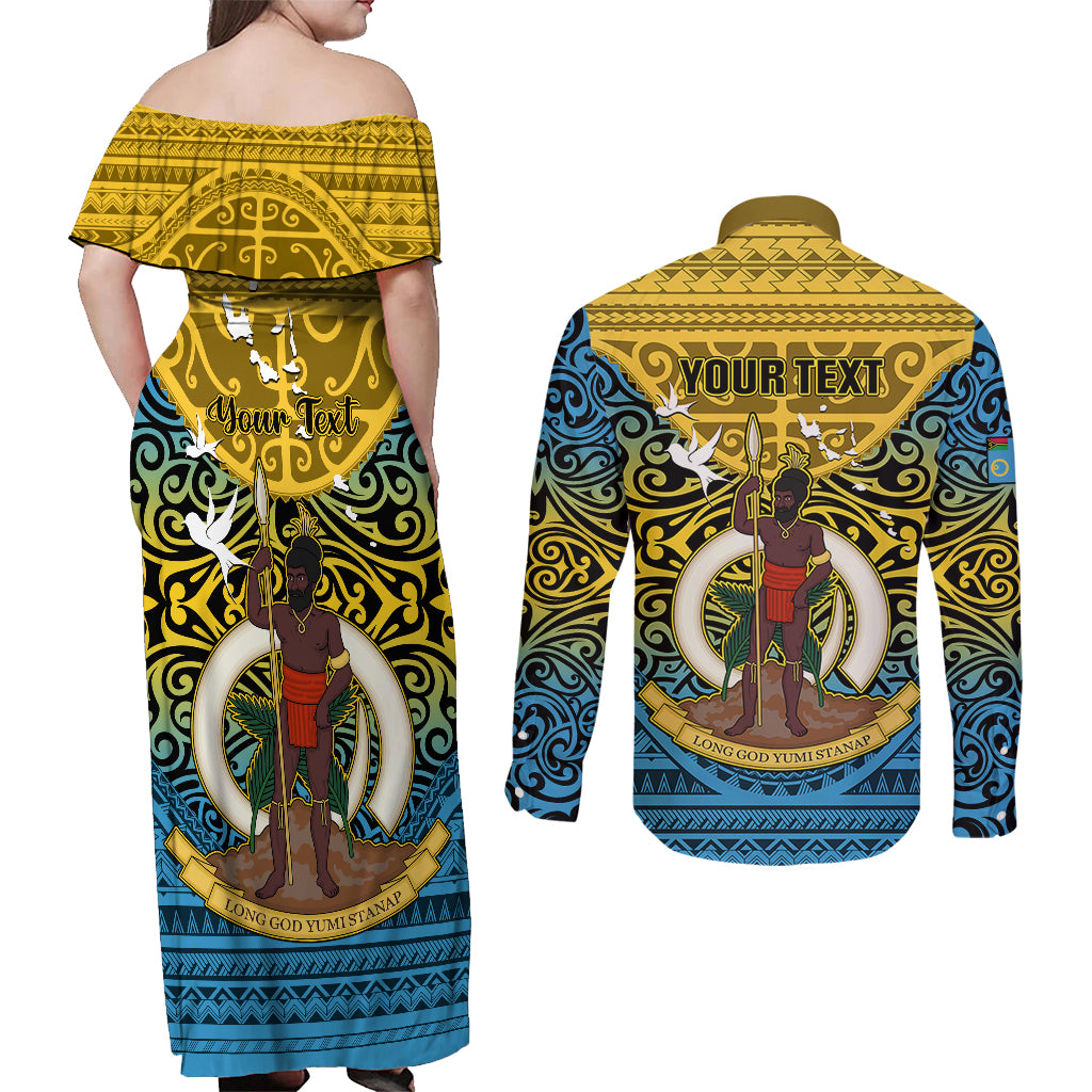Personalized Vanuatu Sanma Province Couples Matching Off Shoulder Maxi Dress and Long Sleeve Button Shirts Coat Of Arms And Namele Fern Polynesian Pattern LT05 - Polynesian Pride