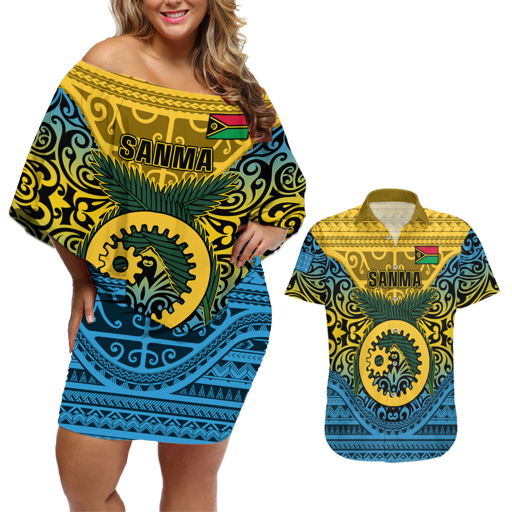 Personalized Vanuatu Sanma Province Couples Matching Off Shoulder Short Dress and Hawaiian Shirt Coat Of Arms And Namele Fern Polynesian Pattern LT05 Yellow - Polynesian Pride