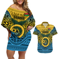 Personalized Vanuatu Sanma Province Couples Matching Off Shoulder Short Dress and Hawaiian Shirt Coat Of Arms And Namele Fern Polynesian Pattern LT05 Yellow - Polynesian Pride
