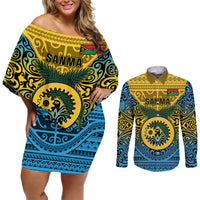 Personalized Vanuatu Sanma Province Couples Matching Off Shoulder Short Dress and Long Sleeve Button Shirts Coat Of Arms And Namele Fern Polynesian Pattern LT05 Yellow - Polynesian Pride