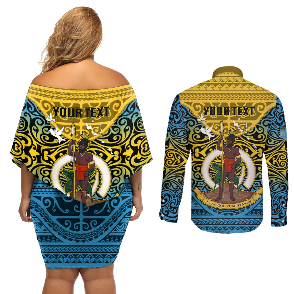 Personalized Vanuatu Sanma Province Couples Matching Off Shoulder Short Dress and Long Sleeve Button Shirts Coat Of Arms And Namele Fern Polynesian Pattern LT05 - Polynesian Pride