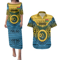 Personalized Vanuatu Sanma Province Couples Matching Puletasi Dress and Hawaiian Shirt Coat Of Arms And Namele Fern Polynesian Pattern LT05 Yellow - Polynesian Pride
