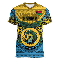 Personalized Vanuatu Sanma Province Women V Neck T Shirt Coat Of Arms And Namele Fern Polynesian Pattern LT05 Female Yellow - Polynesian Pride