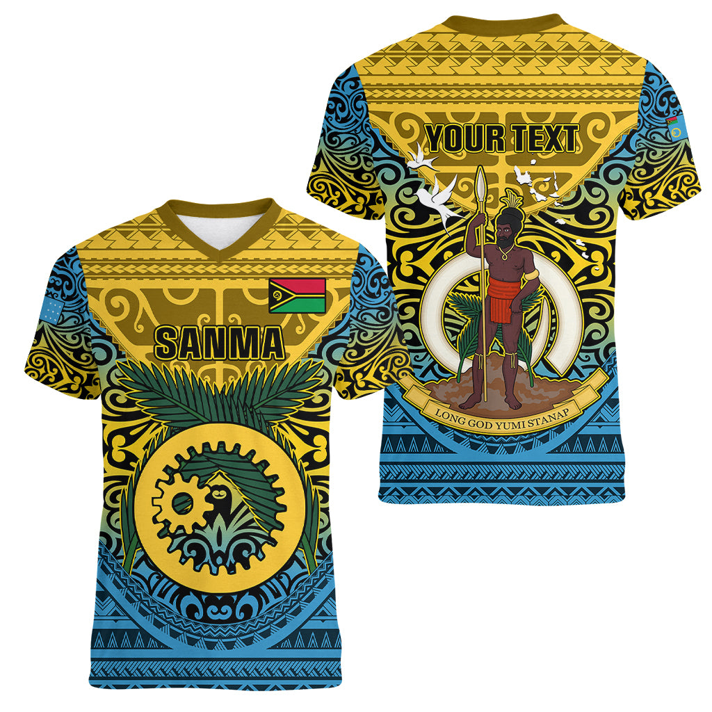 Personalized Vanuatu Sanma Province Women V Neck T Shirt Coat Of Arms And Namele Fern Polynesian Pattern LT05 - Polynesian Pride