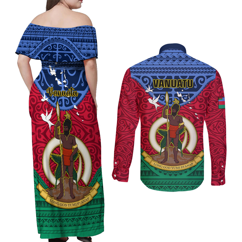 Vanuatu Shefa Province Couples Matching Off Shoulder Maxi Dress and Long Sleeve Button Shirts Coat Of Arms And Namele Fern Polynesian Pattern LT05 - Polynesian Pride