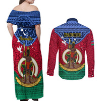 Vanuatu Shefa Province Couples Matching Off Shoulder Maxi Dress and Long Sleeve Button Shirts Coat Of Arms And Namele Fern Polynesian Pattern LT05 - Polynesian Pride
