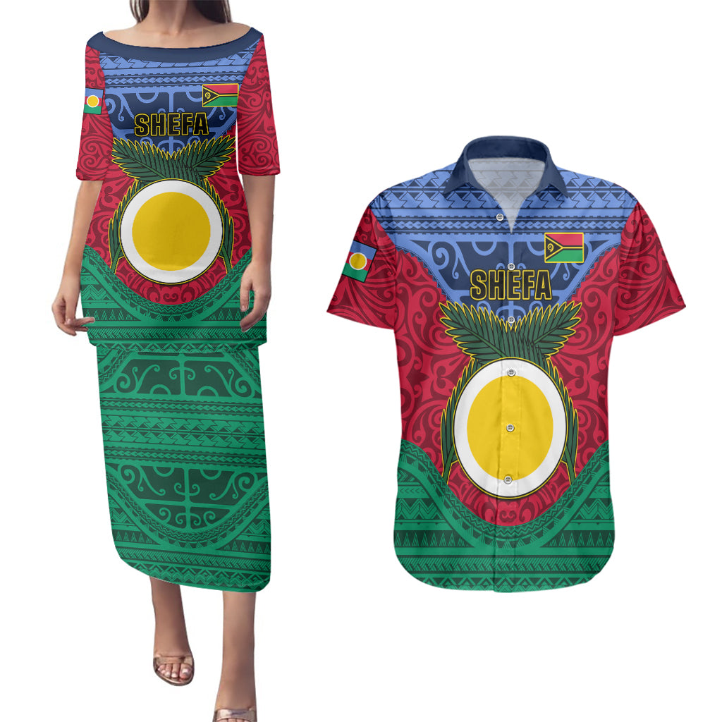 Vanuatu Shefa Province Couples Matching Puletasi Dress and Hawaiian Shirt Coat Of Arms And Namele Fern Polynesian Pattern LT05 Red - Polynesian Pride