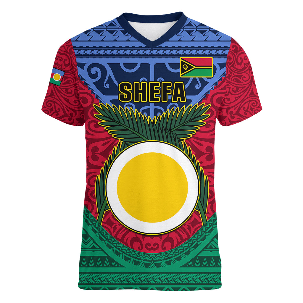 Vanuatu Shefa Province Women V Neck T Shirt Coat Of Arms And Namele Fern Polynesian Pattern LT05 Female Red - Polynesian Pride