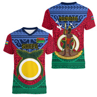 Vanuatu Shefa Province Women V Neck T Shirt Coat Of Arms And Namele Fern Polynesian Pattern LT05 - Polynesian Pride