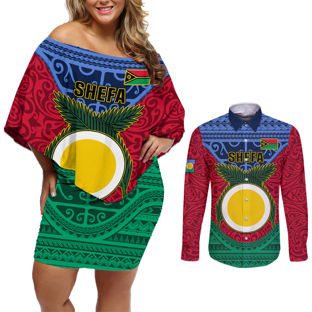 Personalized Vanuatu Shefa Province Couples Matching Off Shoulder Short Dress and Long Sleeve Button Shirts Coat Of Arms And Namele Fern Polynesian Pattern LT05 Red - Polynesian Pride