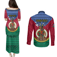 Personalized Vanuatu Shefa Province Couples Matching Puletasi Dress and Long Sleeve Button Shirts Coat Of Arms And Namele Fern Polynesian Pattern LT05 - Polynesian Pride