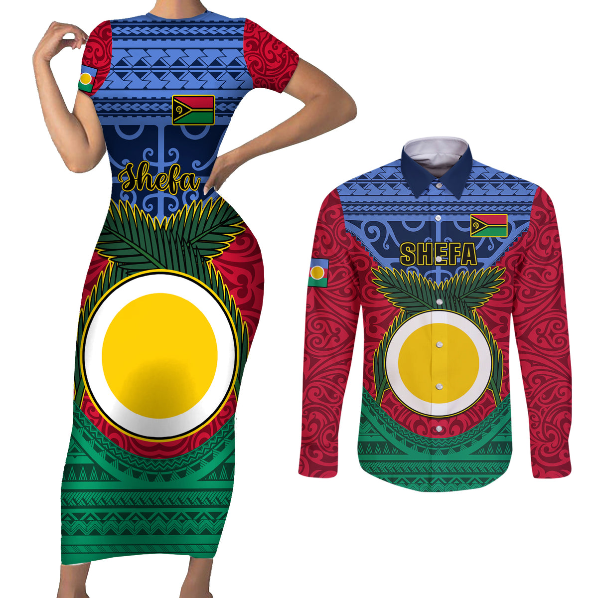 Personalized Vanuatu Shefa Province Couples Matching Short Sleeve Bodycon Dress and Long Sleeve Button Shirts Coat Of Arms And Namele Fern Polynesian Pattern LT05 Red - Polynesian Pride