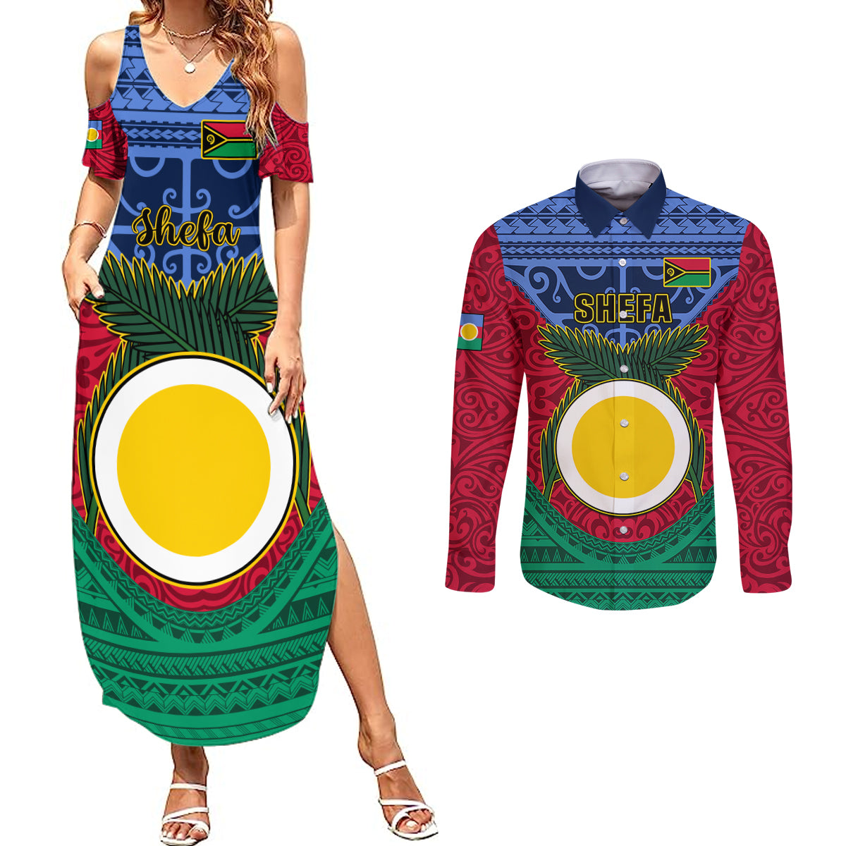 Personalized Vanuatu Shefa Province Couples Matching Summer Maxi Dress and Long Sleeve Button Shirts Coat Of Arms And Namele Fern Polynesian Pattern LT05 Red - Polynesian Pride
