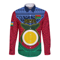 Personalized Vanuatu Shefa Province Long Sleeve Button Shirt Coat Of Arms And Namele Fern Polynesian Pattern LT05 Unisex Red - Polynesian Pride