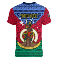 Personalized Vanuatu Shefa Province Women V Neck T Shirt Coat Of Arms And Namele Fern Polynesian Pattern LT05 - Polynesian Pride