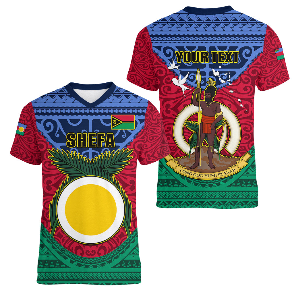 Personalized Vanuatu Shefa Province Women V Neck T Shirt Coat Of Arms And Namele Fern Polynesian Pattern LT05 - Polynesian Pride