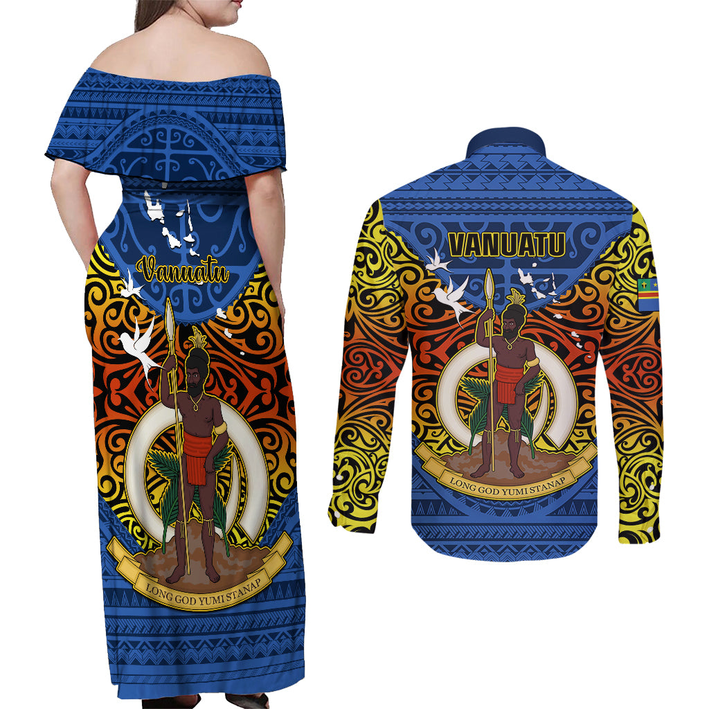 Vanuatu Tafea Province Couples Matching Off Shoulder Maxi Dress and Long Sleeve Button Shirts Coat Of Arms And Namele Fern Polynesian Pattern LT05 - Polynesian Pride