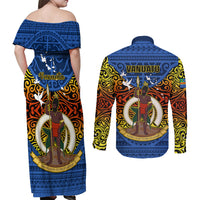 Vanuatu Tafea Province Couples Matching Off Shoulder Maxi Dress and Long Sleeve Button Shirts Coat Of Arms And Namele Fern Polynesian Pattern LT05 - Polynesian Pride