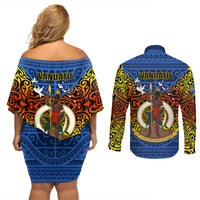 Vanuatu Tafea Province Couples Matching Off Shoulder Short Dress and Long Sleeve Button Shirts Coat Of Arms And Namele Fern Polynesian Pattern LT05 - Polynesian Pride