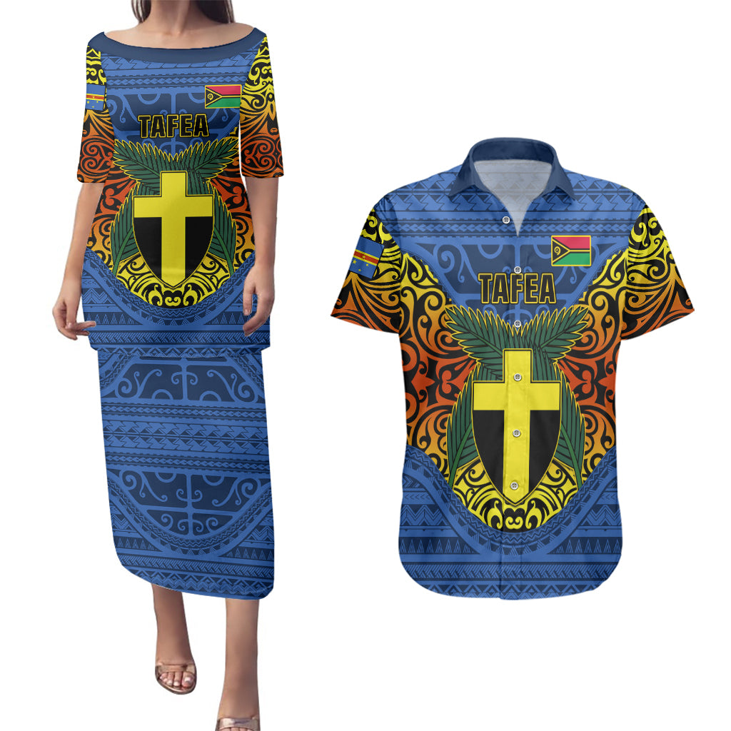 Vanuatu Tafea Province Couples Matching Puletasi Dress and Hawaiian Shirt Coat Of Arms And Namele Fern Polynesian Pattern LT05 Blue - Polynesian Pride