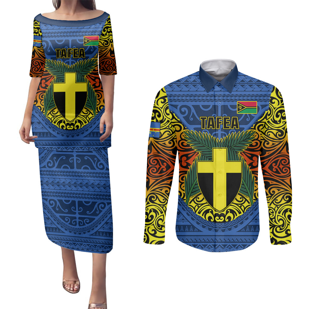 Vanuatu Tafea Province Couples Matching Puletasi Dress and Long Sleeve Button Shirts Coat Of Arms And Namele Fern Polynesian Pattern LT05 Blue - Polynesian Pride