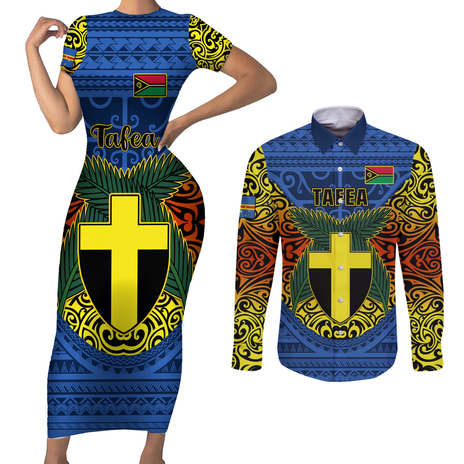 Vanuatu Tafea Province Couples Matching Short Sleeve Bodycon Dress and Long Sleeve Button Shirts Coat Of Arms And Namele Fern Polynesian Pattern LT05 Blue - Polynesian Pride