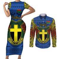 Vanuatu Tafea Province Couples Matching Short Sleeve Bodycon Dress and Long Sleeve Button Shirts Coat Of Arms And Namele Fern Polynesian Pattern LT05 Blue - Polynesian Pride
