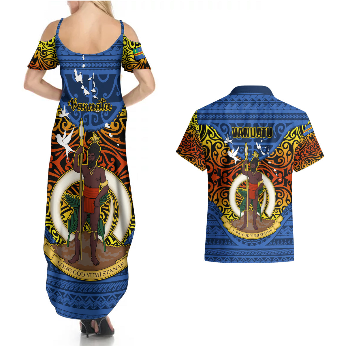 Vanuatu Tafea Province Couples Matching Summer Maxi Dress and Hawaiian Shirt Coat Of Arms And Namele Fern Polynesian Pattern LT05 - Polynesian Pride