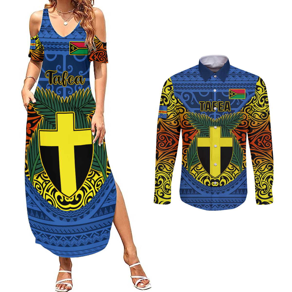 Vanuatu Tafea Province Couples Matching Summer Maxi Dress and Long Sleeve Button Shirts Coat Of Arms And Namele Fern Polynesian Pattern LT05 Blue - Polynesian Pride