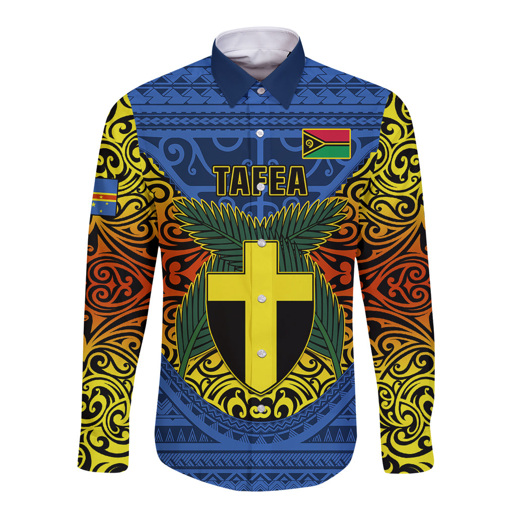 Vanuatu Tafea Province Long Sleeve Button Shirt Coat Of Arms And Namele Fern Polynesian Pattern LT05 Unisex Blue - Polynesian Pride