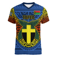 Vanuatu Tafea Province Women V Neck T Shirt Coat Of Arms And Namele Fern Polynesian Pattern LT05 Female Blue - Polynesian Pride