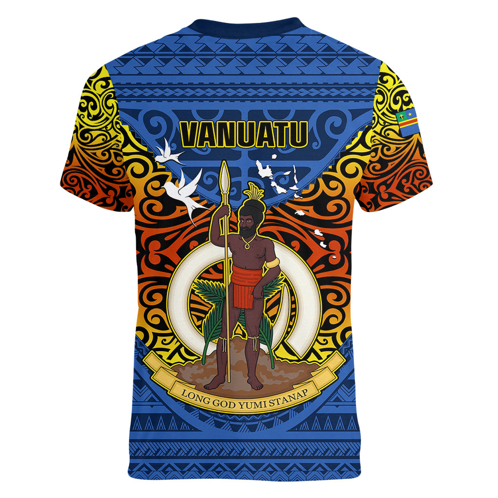 Vanuatu Tafea Province Women V Neck T Shirt Coat Of Arms And Namele Fern Polynesian Pattern LT05 - Polynesian Pride
