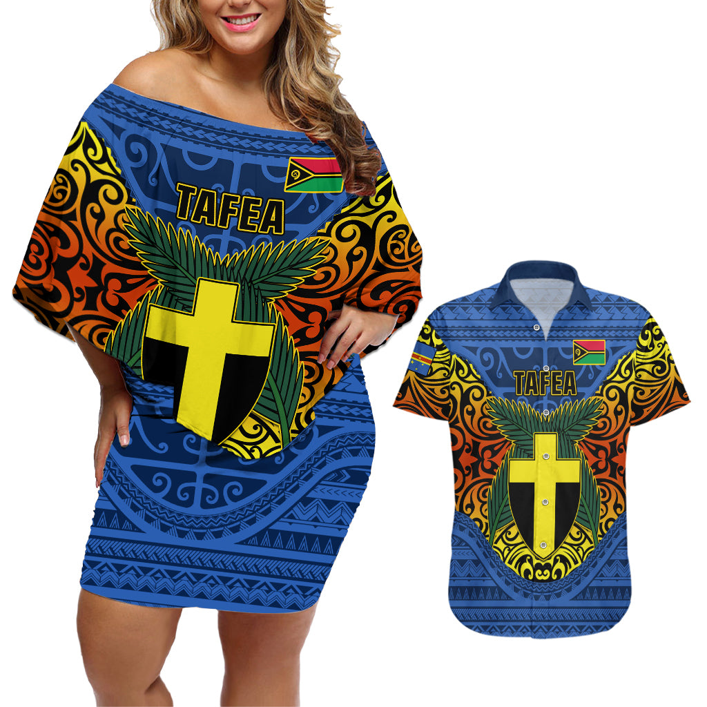 Personalized Vanuatu Tafea Province Couples Matching Off Shoulder Short Dress and Hawaiian Shirt Coat Of Arms And Namele Fern Polynesian Pattern LT05 Blue - Polynesian Pride