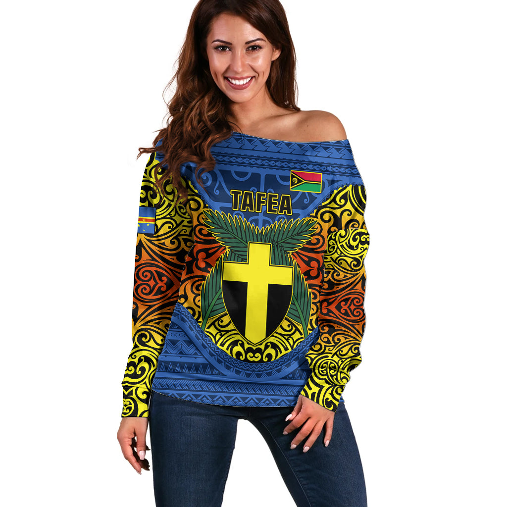 Personalized Vanuatu Tafea Province Off Shoulder Sweater Coat Of Arms And Namele Fern Polynesian Pattern LT05 Women Blue - Polynesian Pride