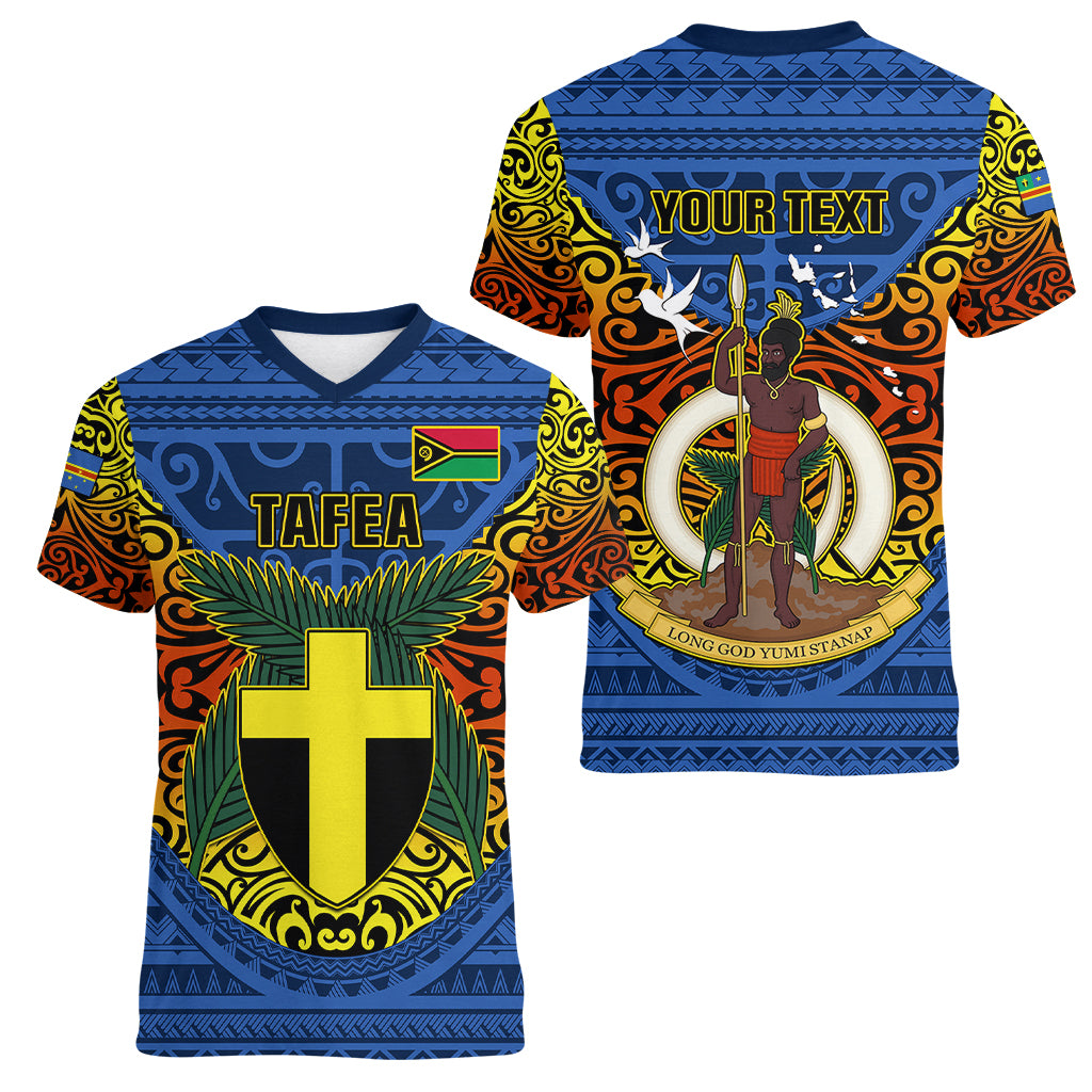 Personalized Vanuatu Tafea Province Women V Neck T Shirt Coat Of Arms And Namele Fern Polynesian Pattern LT05 - Polynesian Pride