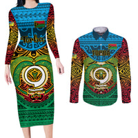 Vanuatu Torba Province Couples Matching Long Sleeve Bodycon Dress and Long Sleeve Button Shirts Vanuatuan Coat Of Arms Polynesian Pattern LT05 Green - Polynesian Pride