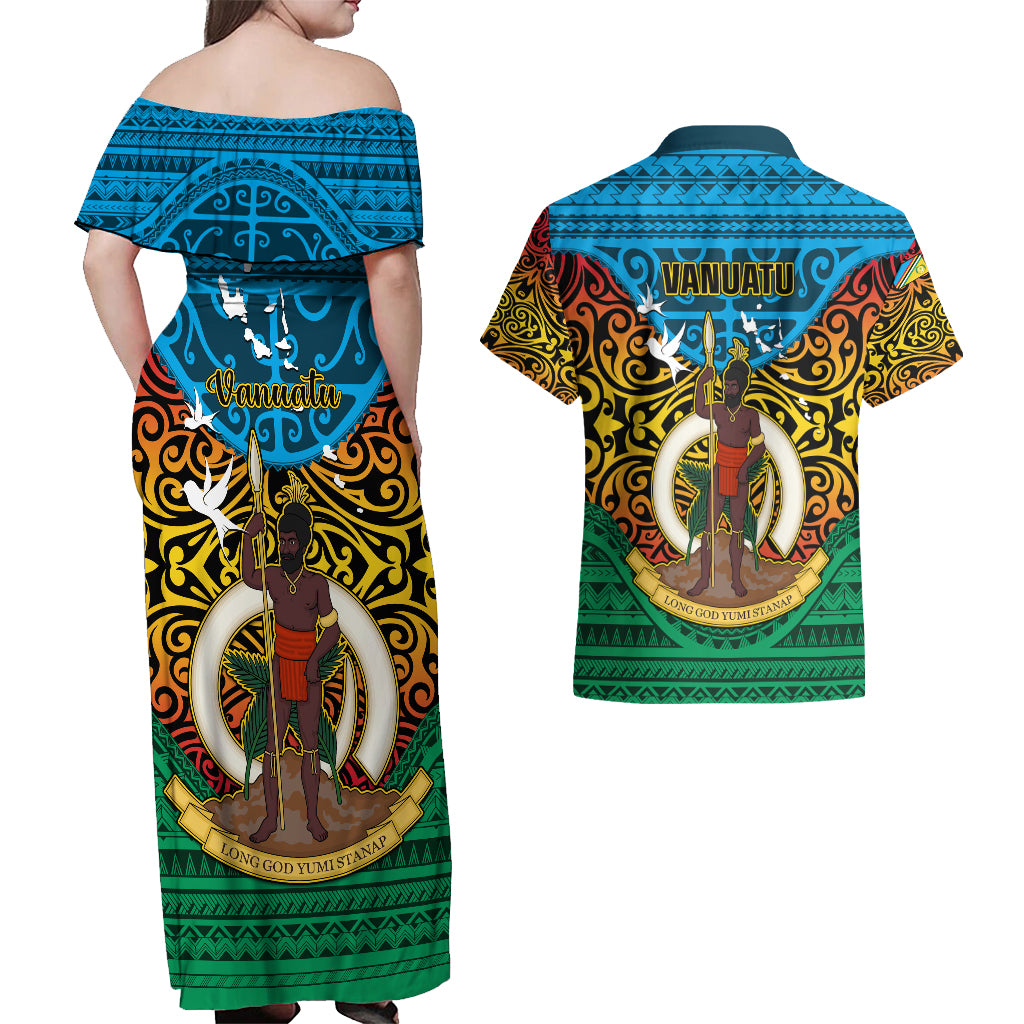 Vanuatu Torba Province Couples Matching Off Shoulder Maxi Dress and Hawaiian Shirt Vanuatuan Coat Of Arms Polynesian Pattern LT05 - Polynesian Pride