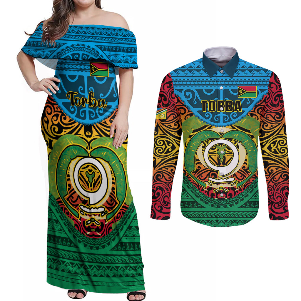 Vanuatu Torba Province Couples Matching Off Shoulder Maxi Dress and Long Sleeve Button Shirts Vanuatuan Coat Of Arms Polynesian Pattern LT05 Green - Polynesian Pride