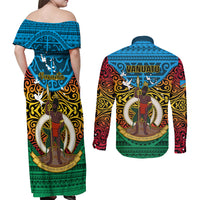 Vanuatu Torba Province Couples Matching Off Shoulder Maxi Dress and Long Sleeve Button Shirts Vanuatuan Coat Of Arms Polynesian Pattern LT05 - Polynesian Pride