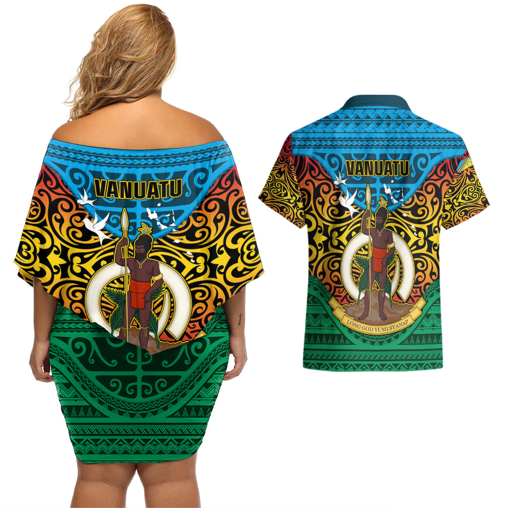 Vanuatu Torba Province Couples Matching Off Shoulder Short Dress and Hawaiian Shirt Vanuatuan Coat Of Arms Polynesian Pattern LT05 - Polynesian Pride