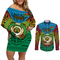 Vanuatu Torba Province Couples Matching Off Shoulder Short Dress and Long Sleeve Button Shirts Vanuatuan Coat Of Arms Polynesian Pattern LT05 Green - Polynesian Pride