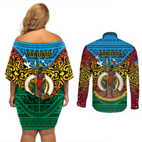 Vanuatu Torba Province Couples Matching Off Shoulder Short Dress and Long Sleeve Button Shirts Vanuatuan Coat Of Arms Polynesian Pattern LT05 - Polynesian Pride