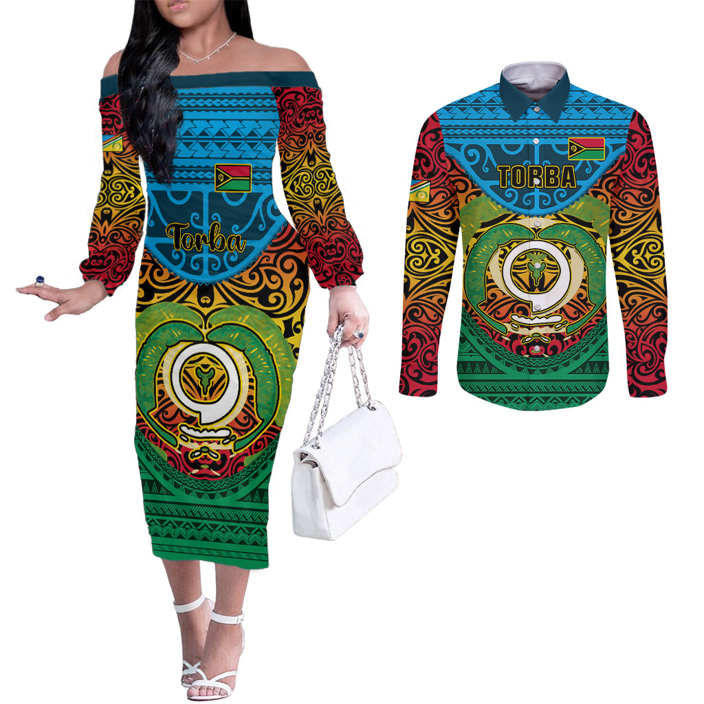 Vanuatu Torba Province Couples Matching Off The Shoulder Long Sleeve Dress and Long Sleeve Button Shirts Vanuatuan Coat Of Arms Polynesian Pattern LT05 Green - Polynesian Pride