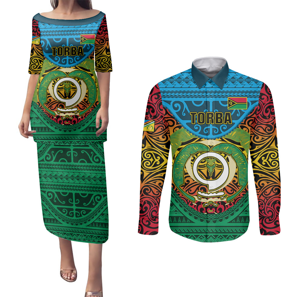 Vanuatu Torba Province Couples Matching Puletasi Dress and Long Sleeve Button Shirts Vanuatuan Coat Of Arms Polynesian Pattern LT05 Green - Polynesian Pride